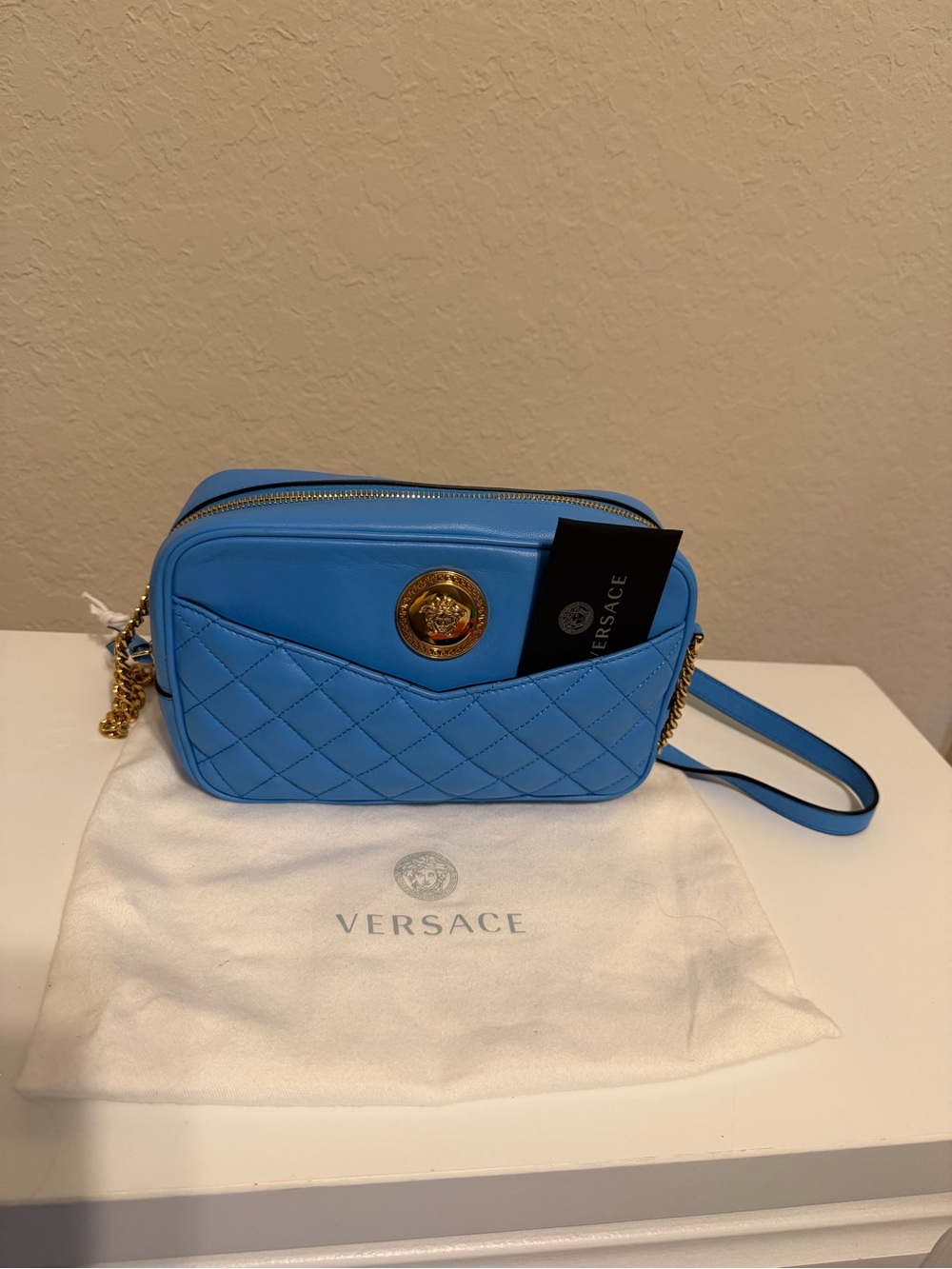 Versace Sky Blue Quilted Leather Crossbody with Gold Medallion